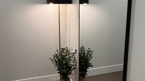 A modern room with a floor lamp, two potted plants, and a large mirror. - Waterfront 1 BR with 6 appliances and huge patio (Halifax)