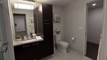 Shower, hair dryer, shampoo