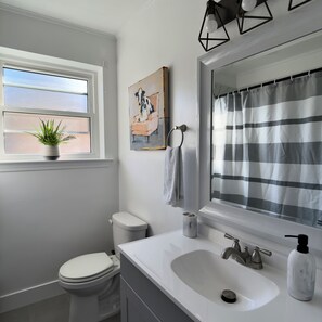 Hair dryer, towels, soap, toilet paper