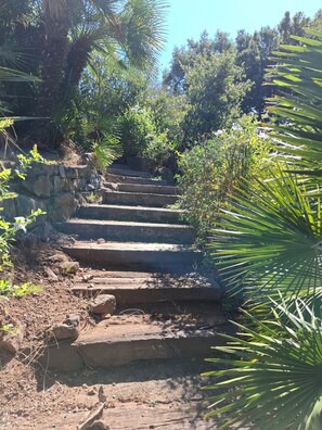 A stone staircase surrounded by greenery. - Seaview Villa with Heated Pool & Balneotherapy - 10' walk to beach -5 BR- Air Co (Saint-Raphaël)