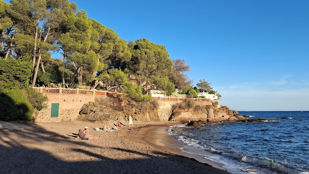Una playa con gente tomando el sol, un muro de piedra y árboles.