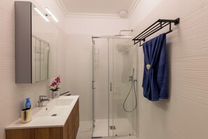 Shower, hair dryer, bidet, towels