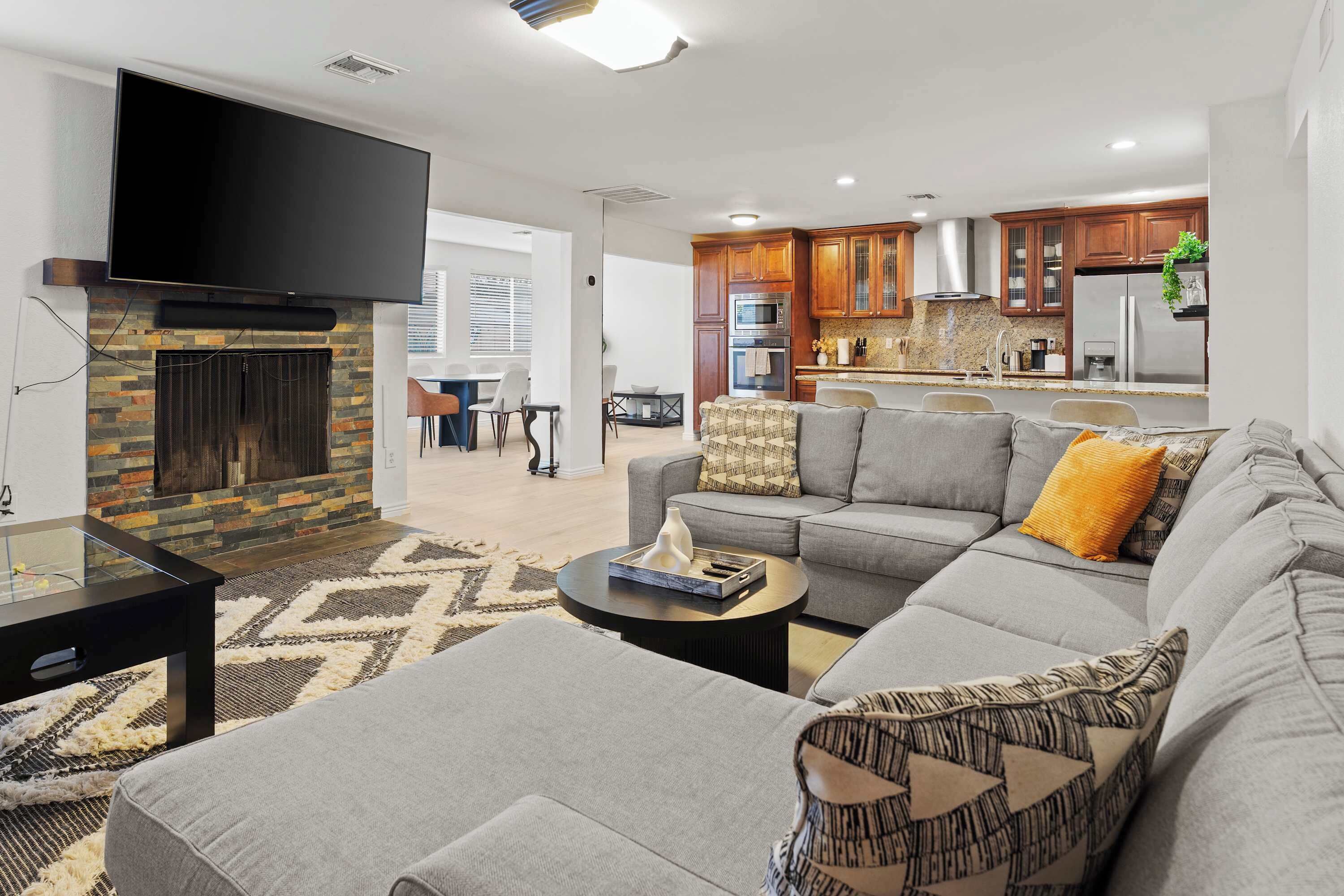 TV, fireplace, foosball, offices