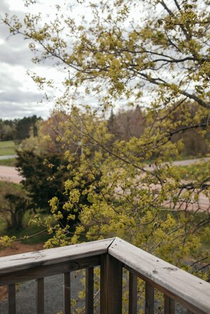 A wooden deck with a view of trees and a distant landscape.