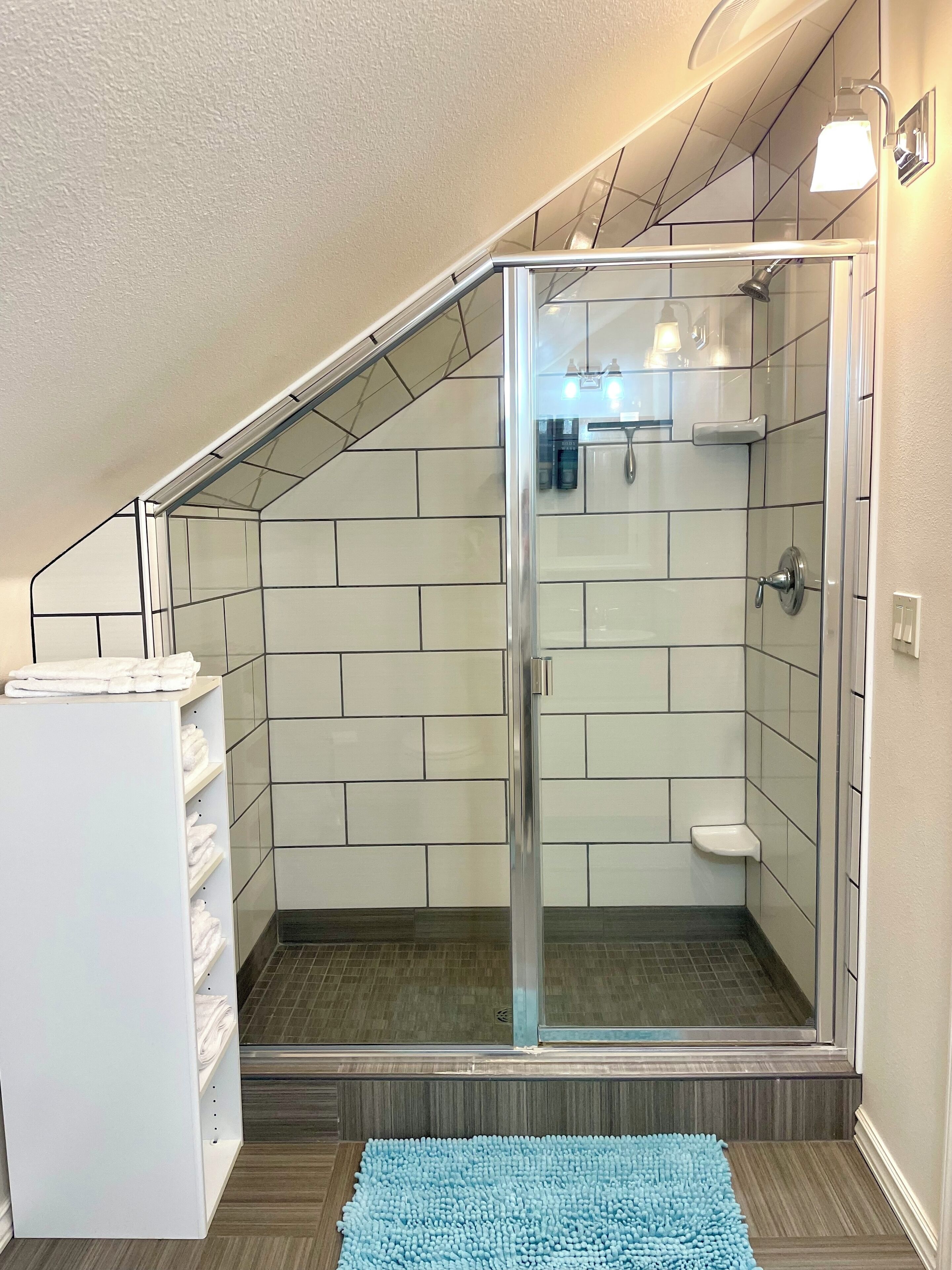 Shower, jetted bath, hair dryer, towels