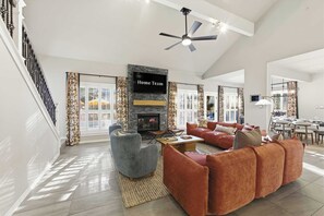 TV, fireplace, table football, offices