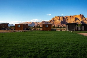 A grassy area with several wooden cabins and a mountain in the background.