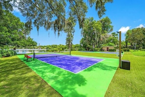 An outdoor tennis court with a net, surrounded by grass and trees. - Pool - Pickleball - Soccer - Basket - Sleeps 18! (Tampa)