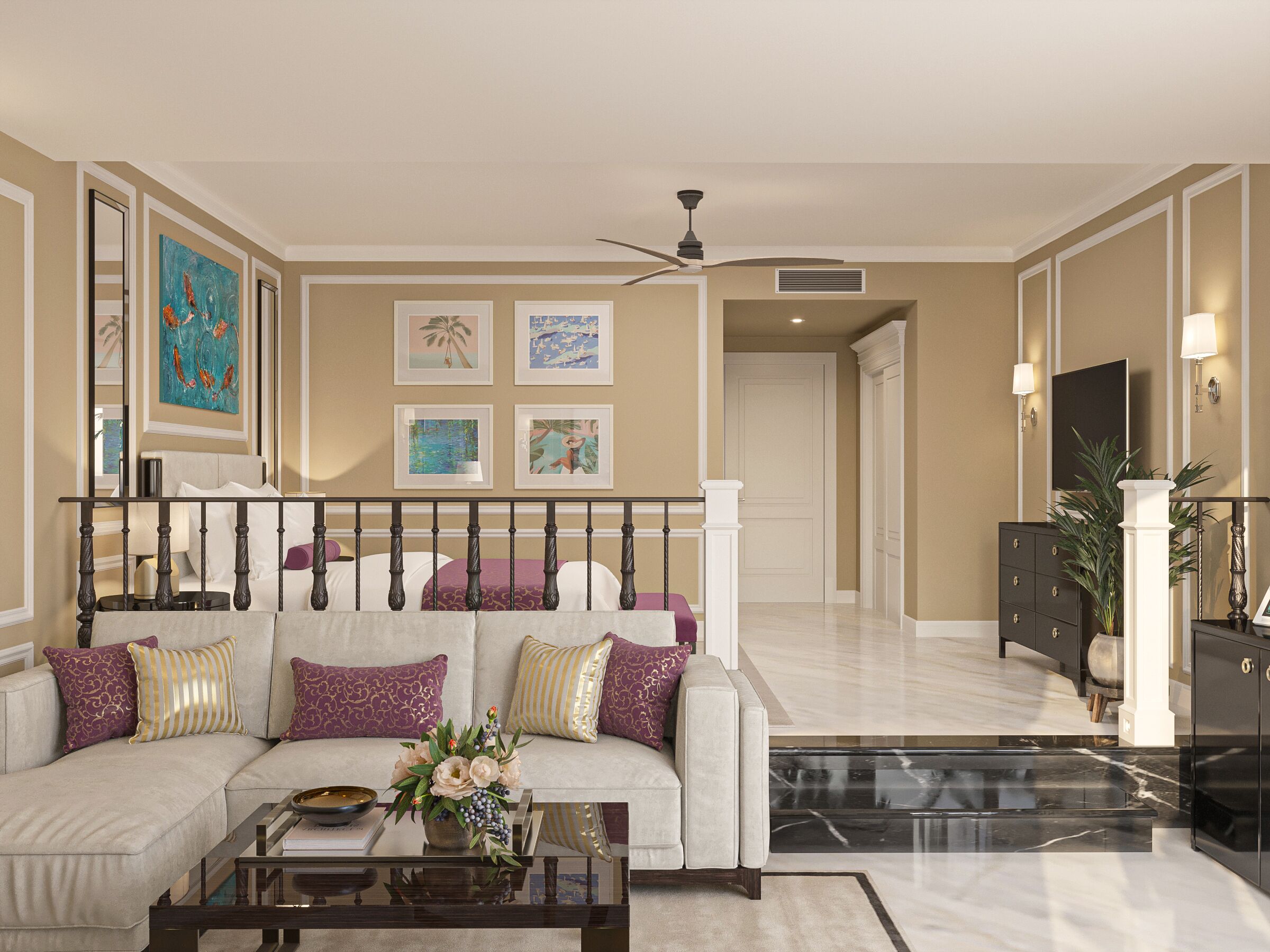 ميني بار وخزنة داخل الغرفة ومكتب ومساحة عمل للكمبيوتر المحمول