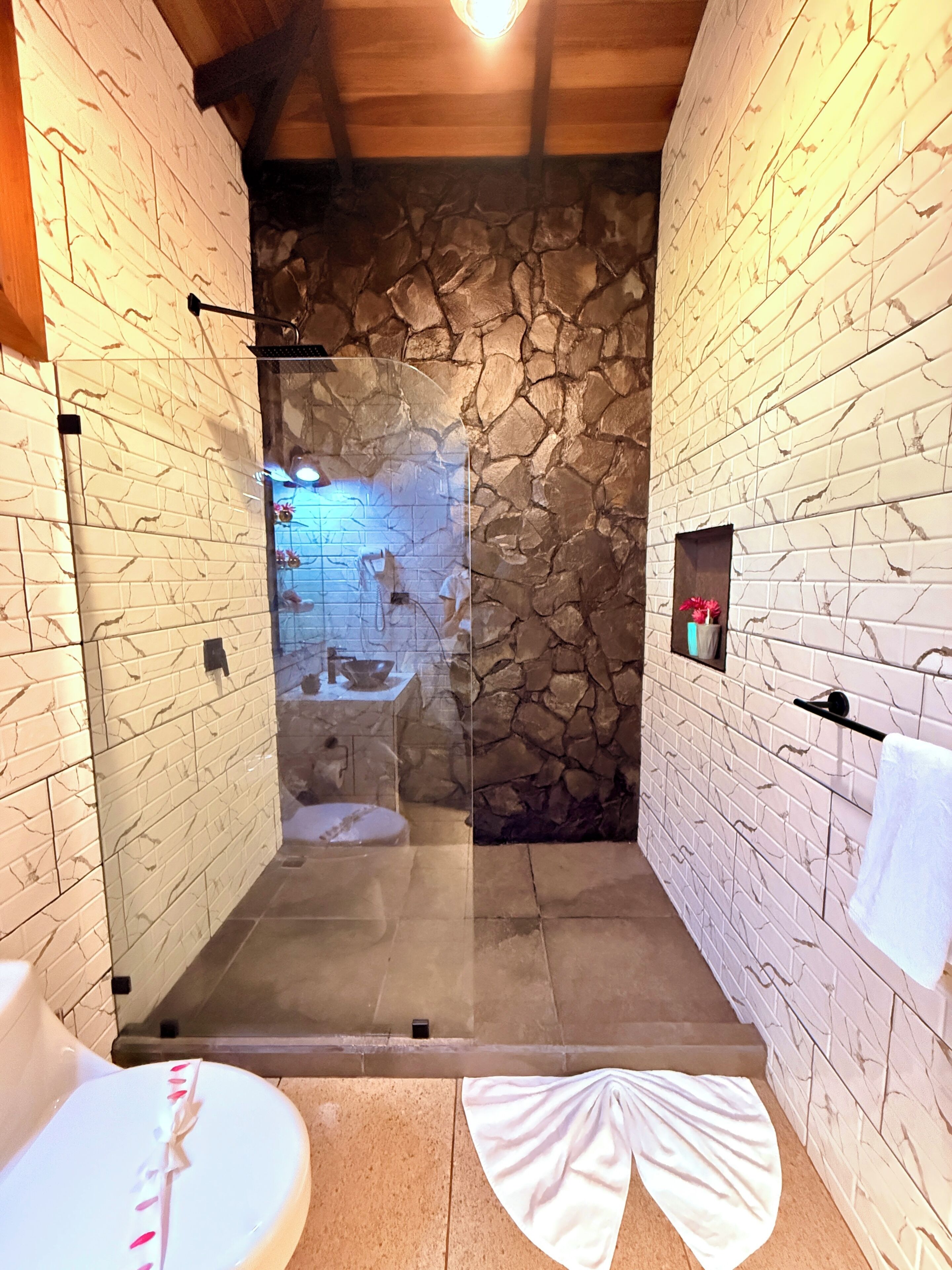 Hair dryer, towels, soap, toilet paper