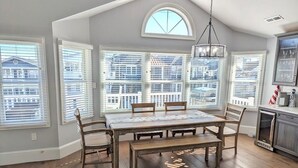 Un espace repas avec une grande table en bois et des bancs, entouré de grandes fenêtres équipées de stores, d’un lustre et offrant une vue sur un bâtiment à l’extérieur.