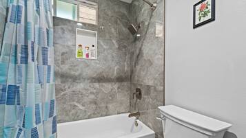 Hair dryer, towels, soap, toilet paper