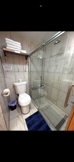 Suihku, hiustenkuivaaja, pyyhkeet, saippua