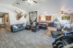 Smart TV, fireplace, books