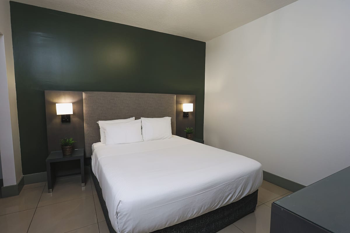A neatly made bed with white linens, two bedside lamps, and a small table with a plant.