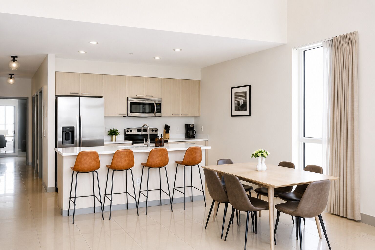 Une cuisine moderne dotée d’appareils électroménagers en acier inoxydable, d’un îlot central avec des tabourets, et d’une table à manger avec des chaises.