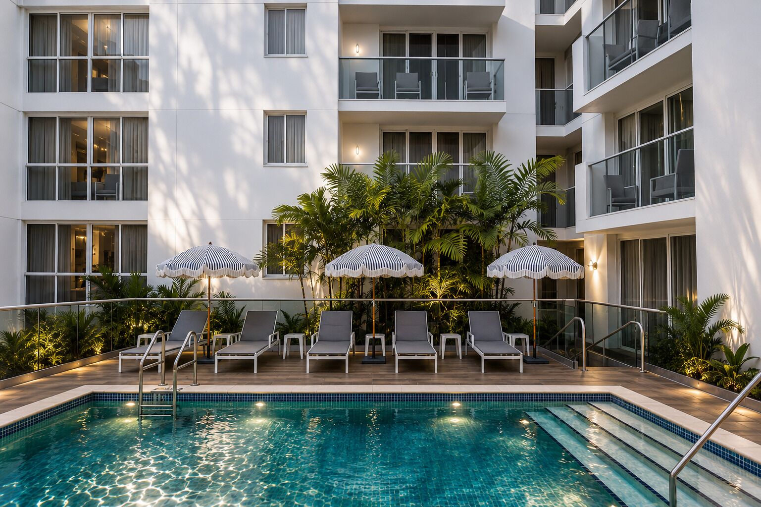 Piscine extérieure, parasols de plage, chaises longues