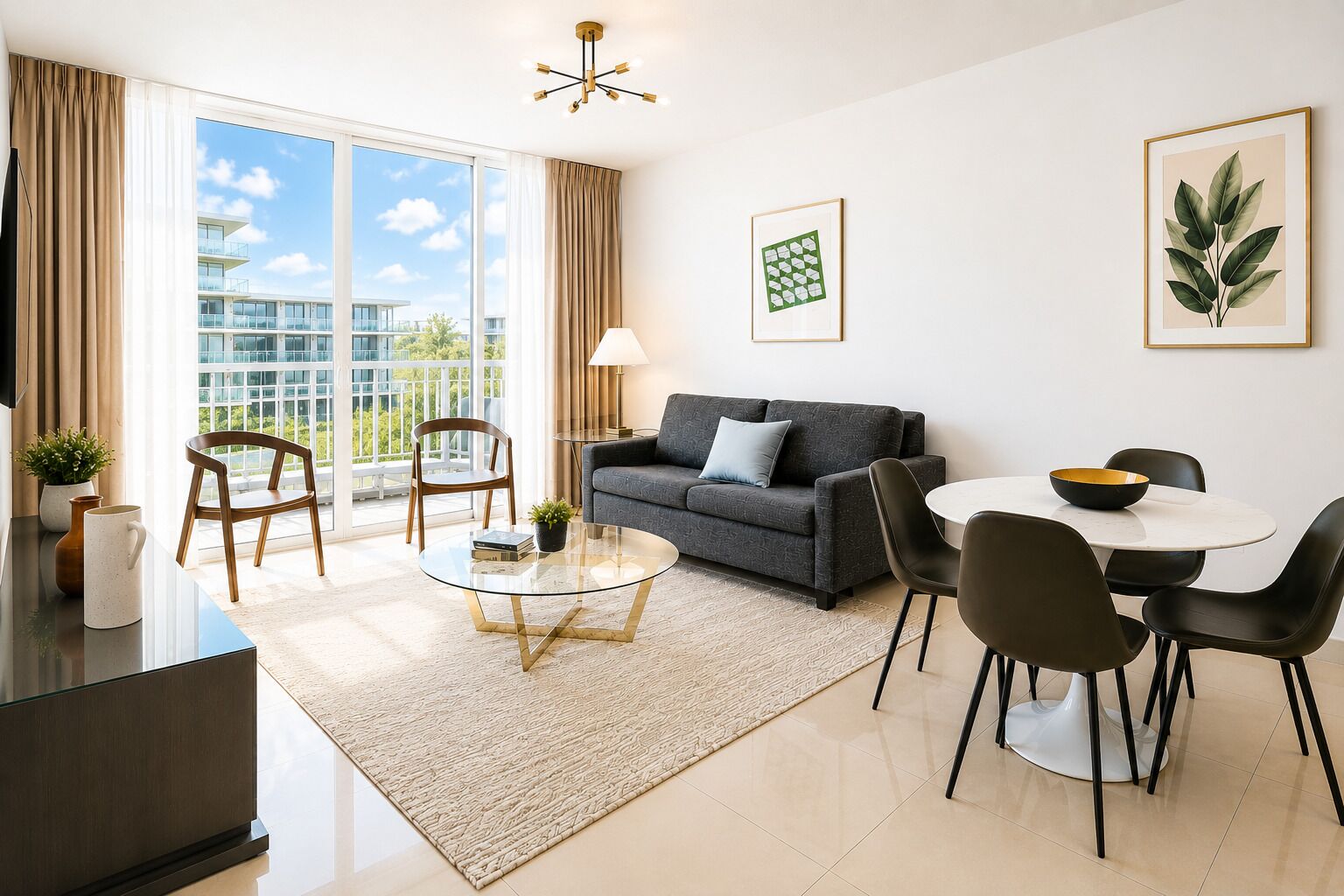 A modern living room with a sofa, coffee table, dining table, chairs, and artwork on the walls.
