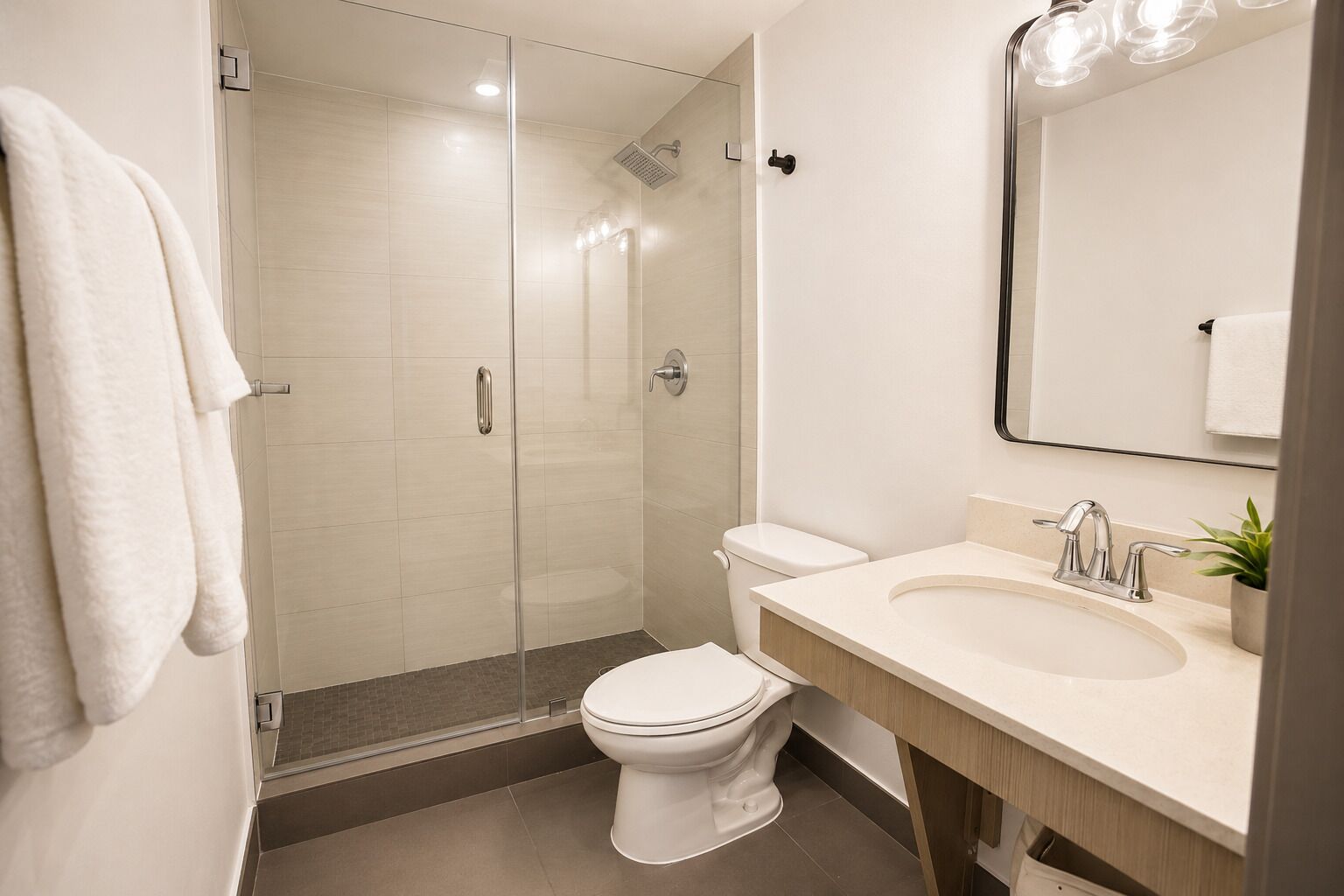A modern bathroom with a glass-enclosed shower, a white toilet, a sink with a mirror, and a small plant on the counter.