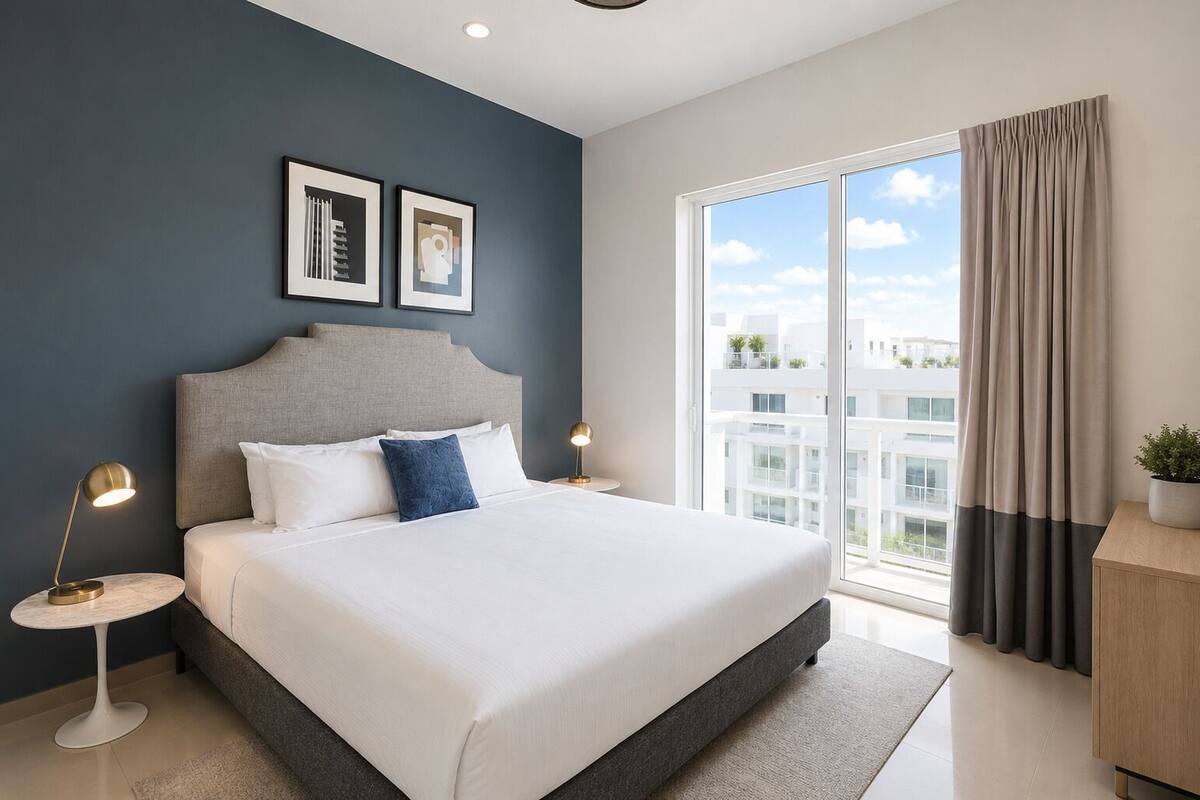A modern hotel room with a large bed, a nightstand, a bedside table, a window with curtains, and a view of the cityscape.