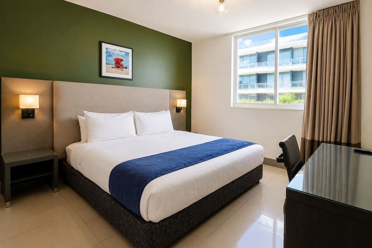 A hotel room with a bed, bedside lamps, a desk, a window with curtains, and a picture on the wall.