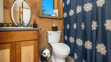 A bathroom with a wooden vanity, a white toilet, a mirror, and a blue shower curtain with floral patterns.