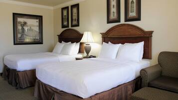 Desk, laptop workspace, blackout curtains, iron/ironing board