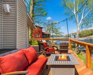 Terrace/patio - Stone Villa | Lakefront Vacation Rental with Private Dock & Hot Tub | Osage Beach, MO (Osage Beach)