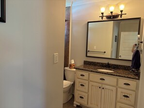 Hair dryer, towels, soap, toilet paper