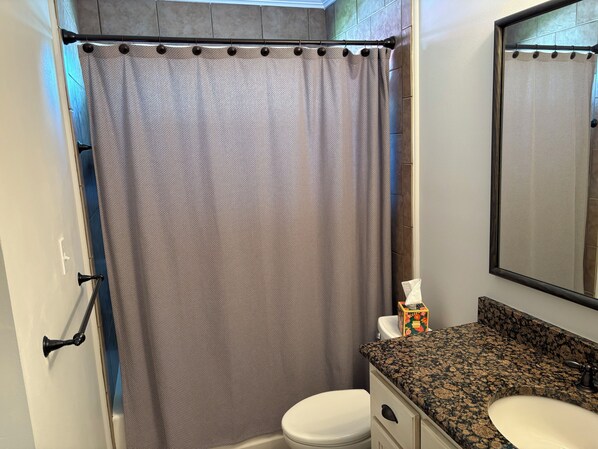 Hair dryer, towels, soap, toilet paper