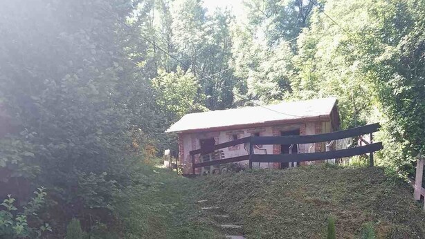 A rustic cabin with a wooden deck, surrounded by a grassy area and trees.