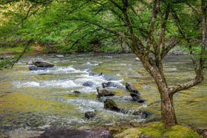 A river flowing through a forested area with rocks and trees. - Riverbend Lodge - Riverfront | Screened Area w Outdoor Fireplace | Firepit (Ellijay)