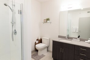 Ducha, toallas, jabón, papel higiénico