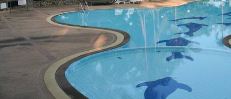 A swimming pool with dolphin murals, lounge chairs, and a stone wall.