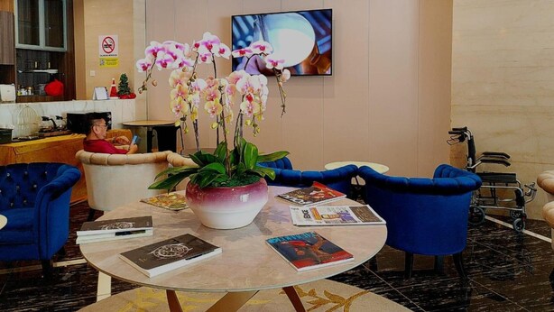 Un hall d’hôtel avec une table ronde, des chaises bleues, un pot d’orchidée, des magazines et un téléviseur fixé au mur.