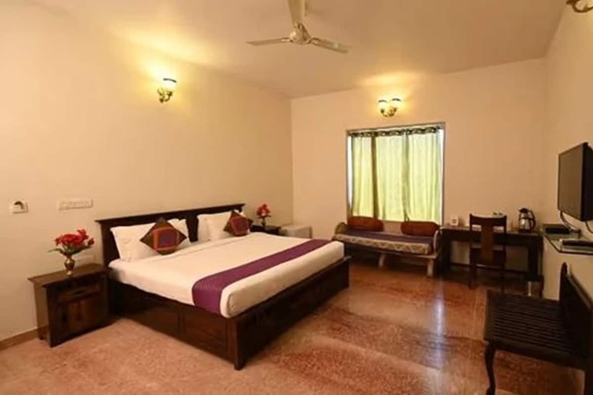 A hotel room with a large bed, a desk with a chair, a television, and a window with curtains.