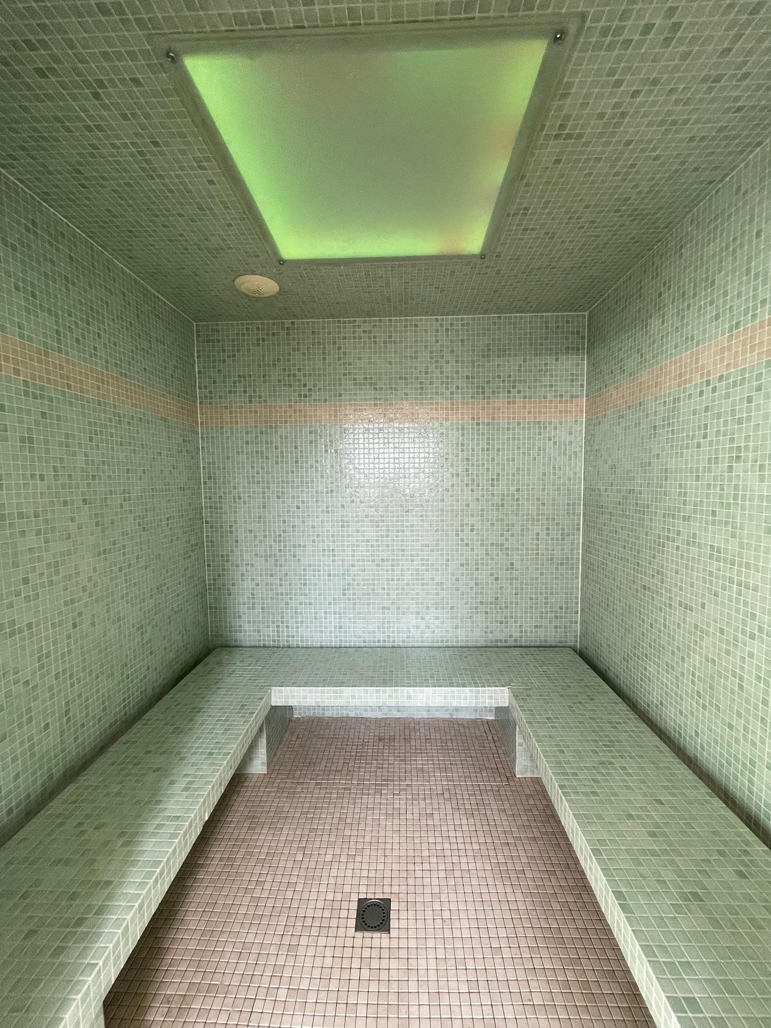 Une pièce carrelée, avec un sol et des murs recouverts de carreaux verts, un luminaire encastré au plafond et un drain au centre.