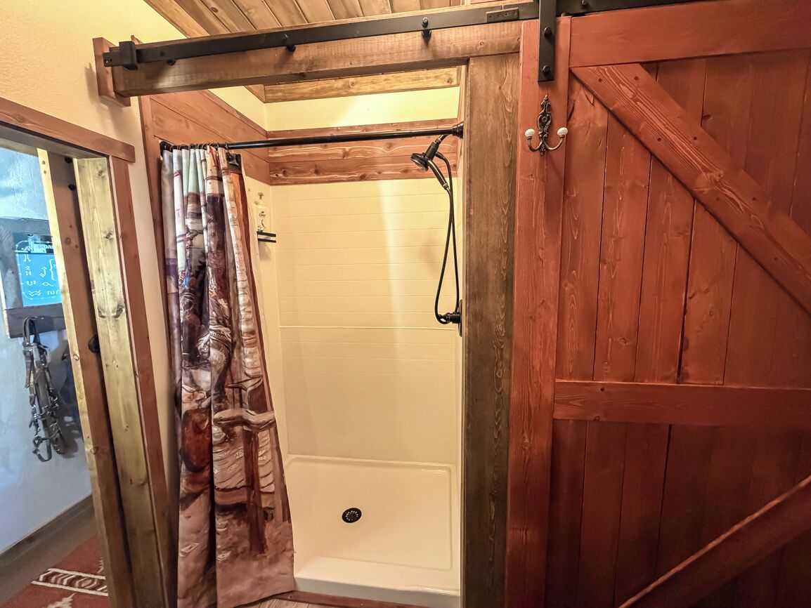 A shower area with a wooden door and a curtain.