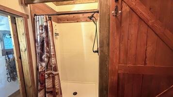 A shower area with a wooden door and a curtain.