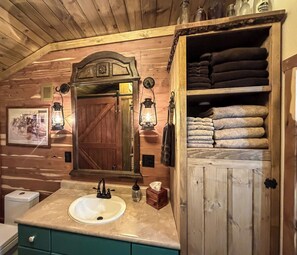 Hair dryer, towels, soap, toilet paper