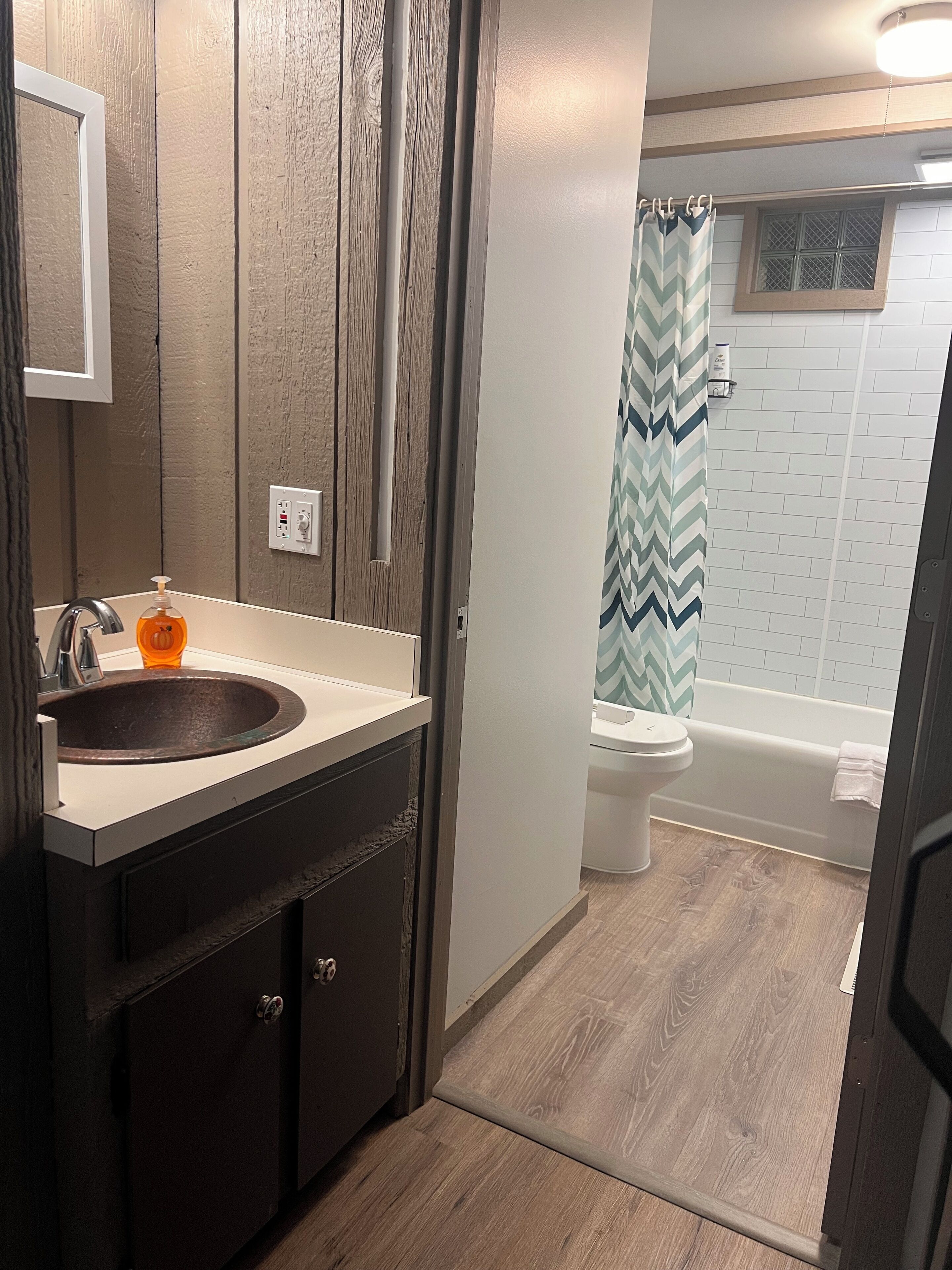 Hair dryer, towels, soap, shampoo