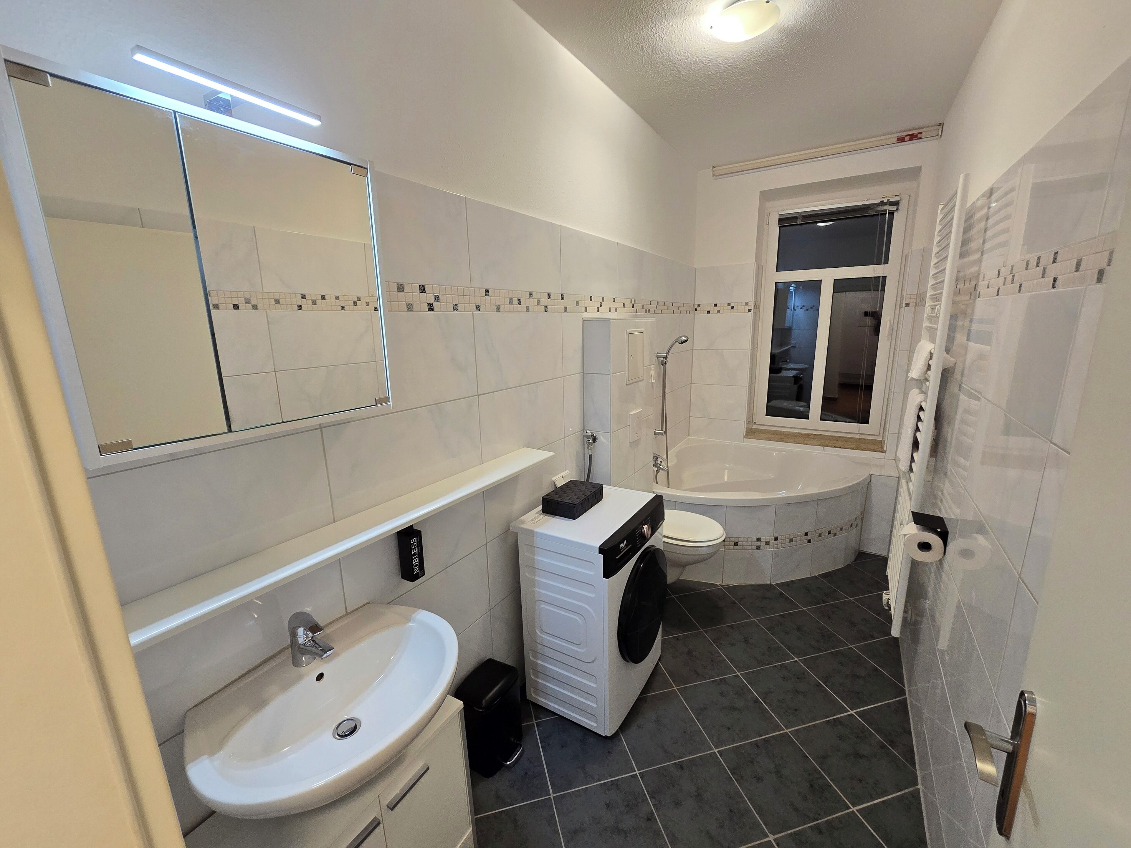 Hair dryer, towels, soap, shampoo