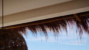 A balcony with a view of the ocean, a thatched roof, and a tiled wall. - MHV Milagres - Guadalupe 08 (Passo de Camaragibe)