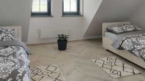 Une chambre avec deux lits, une plante en pot et des tapis à motifs.