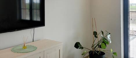 A room with a flat-screen TV mounted on the wall, a wooden cabinet with drawers, a potted plant, and a window with blinds.