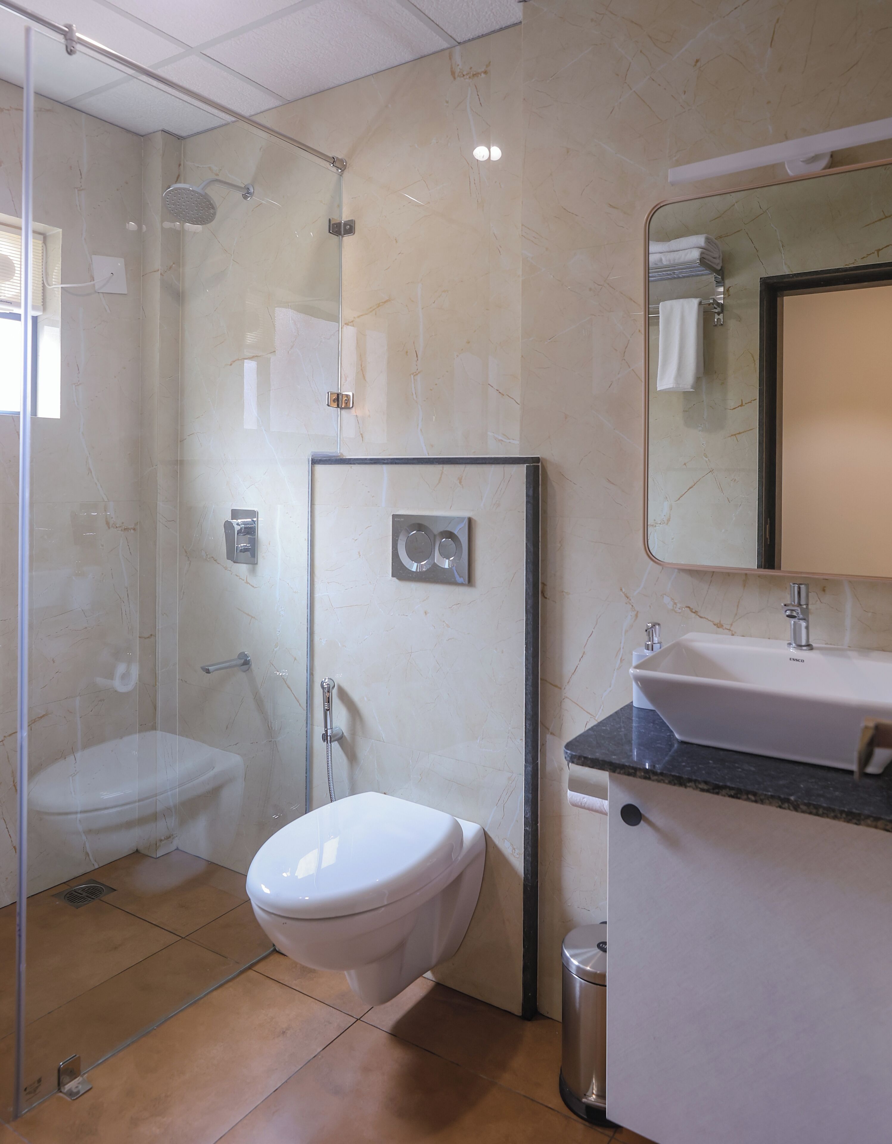 A modern bathroom with a glass-enclosed shower, a toilet, and a sink with a mirror above it.