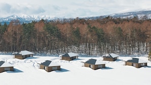 Un paysage enneigé parsemé de plusieurs cabanes en bois.