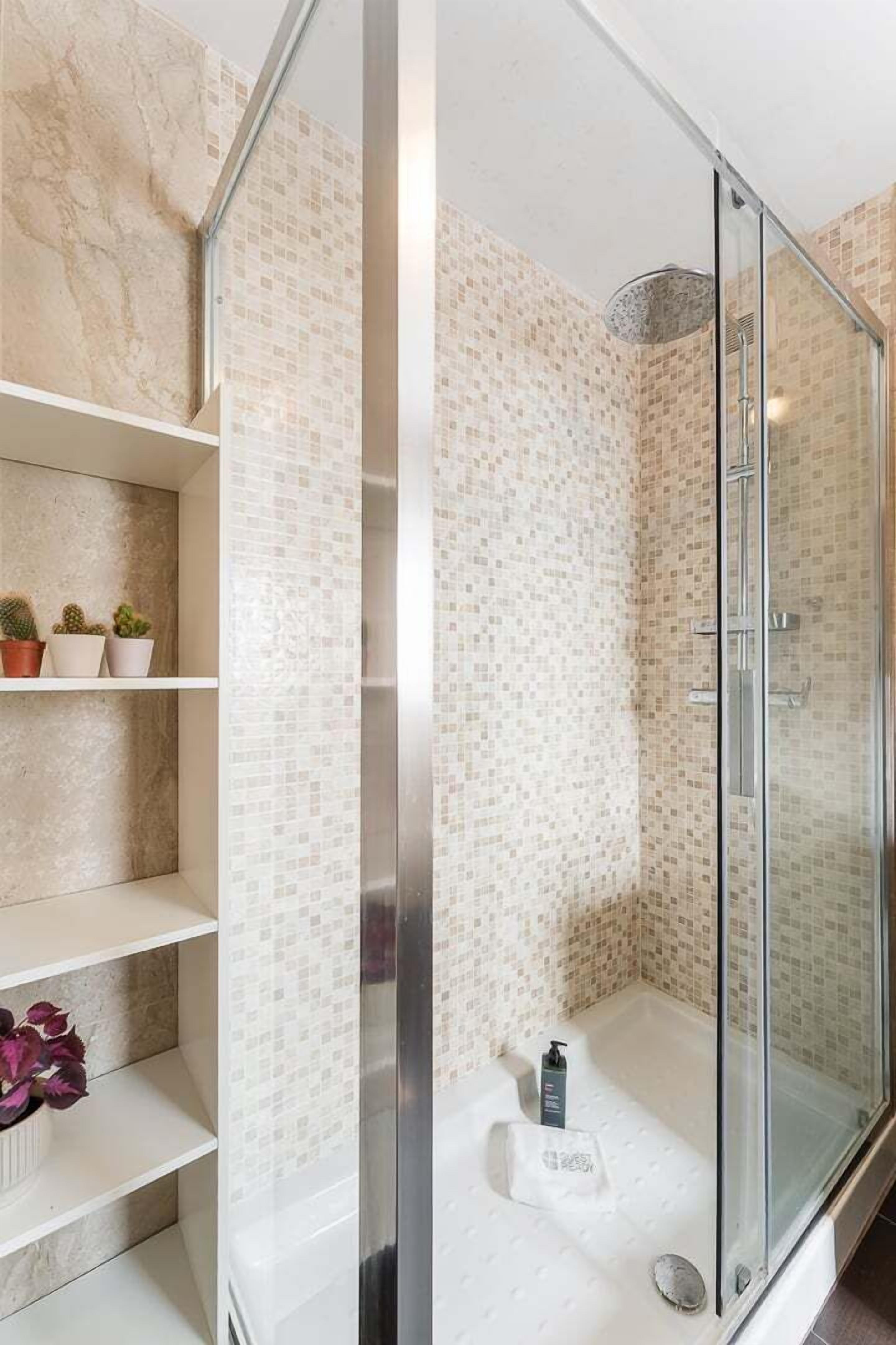 Shower, hair dryer, towels