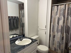 Douche, sèche-cheveux, serviettes fournies, shampoing