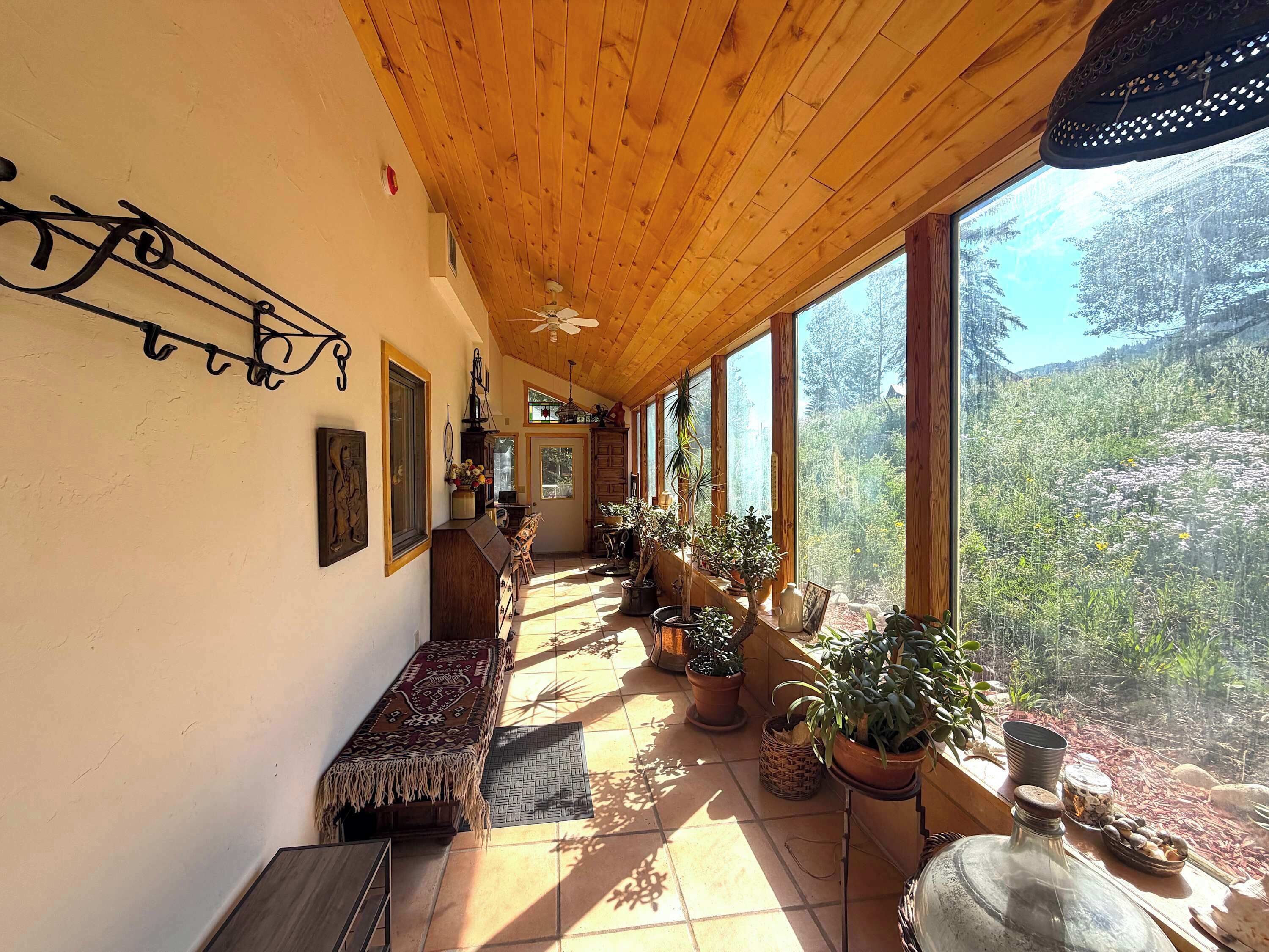A sunlit room with wooden beams, a bench, potted plants, and a view of a forest.